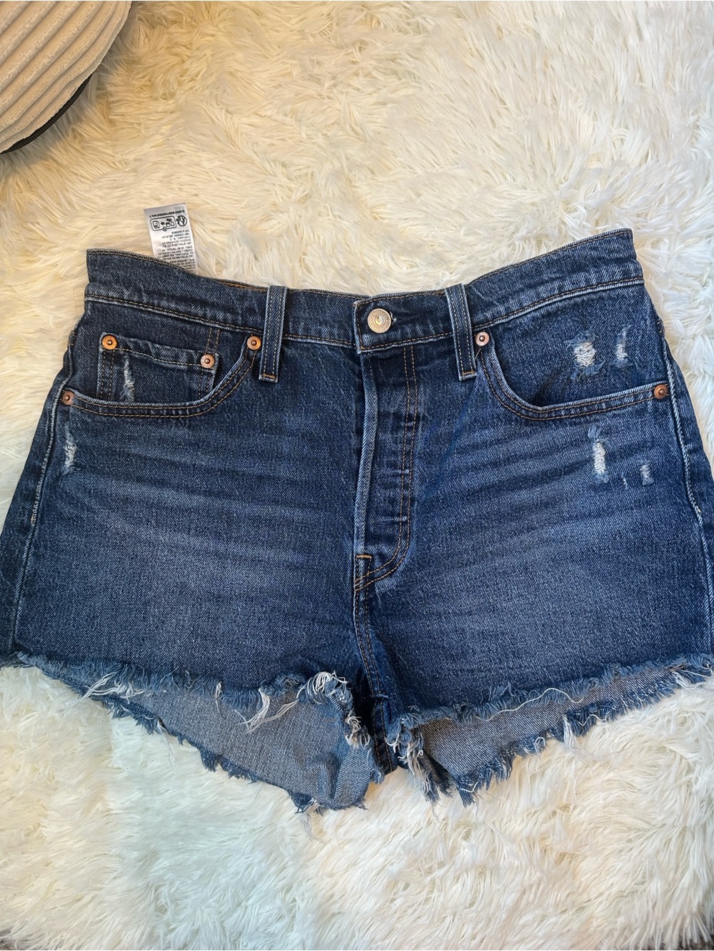 Levi's Blue High-Rise Button-Fly Distressed Denim Shorts